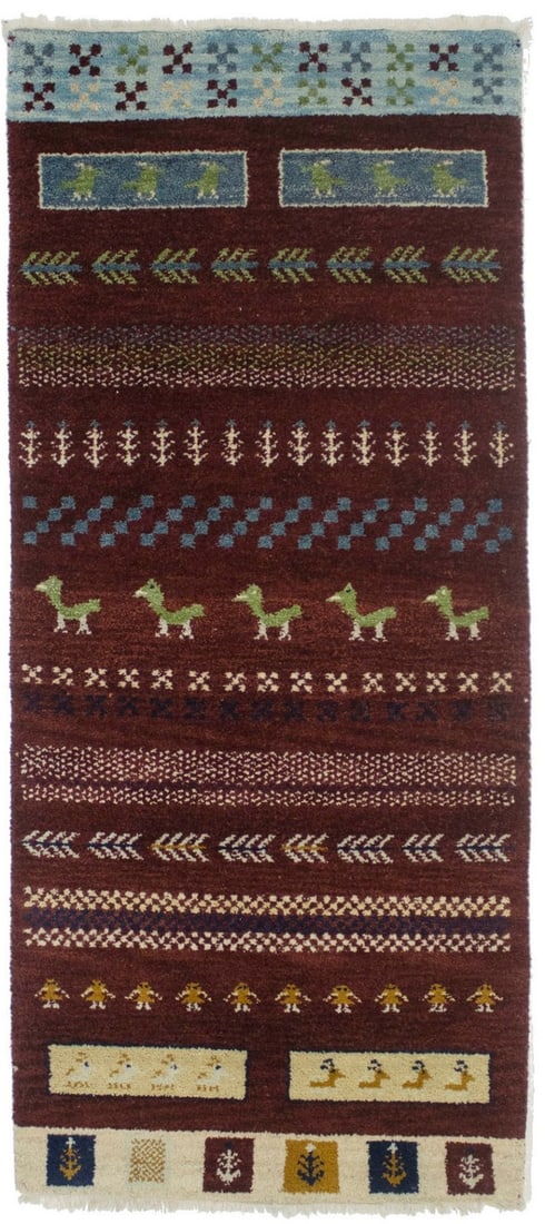 Hand-Knotted Wool Tribal Runner Rug 2'9 x 6'2 Striped Maroon Red: Hand-Knotted Wool Tribal Runner Rug 2'9 x 6'2 Striped Maroon Red This handmade maroon red striped runner rug features a modern tribal-inspired design with a blend of maroon, red, gray, light blue, and