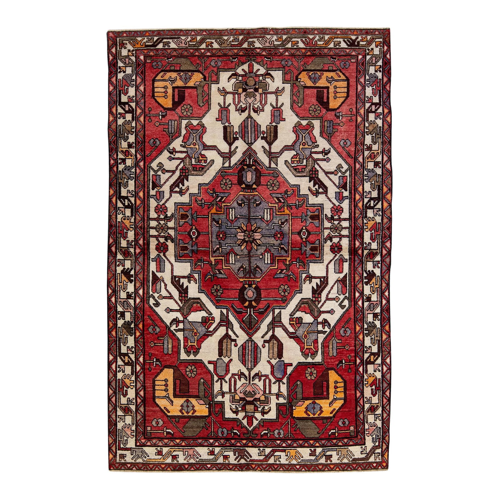 Vintage Handmade Persian Wool Rug Red Geometric Design 4'2" X 6'4": Vintage Handmade Persian Wool Rug Red Geometric Design 4'2" X 6'4" Discover the charm of this beautiful vintage Persian hand-knotted wool rug featuring a striking red field adorned with a colorful geo