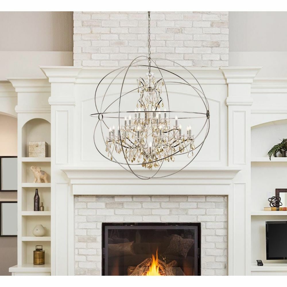 Geneva 25-Light Polished Nickel Crystal Chandelier 63 Inch: Geneva 25-Light Polished Nickel Crystal Chandelier 63 Inch This large modern chandelier features a polished nickel metal frame adorned with golden teak royal cut crystals, creating a striking orb desi