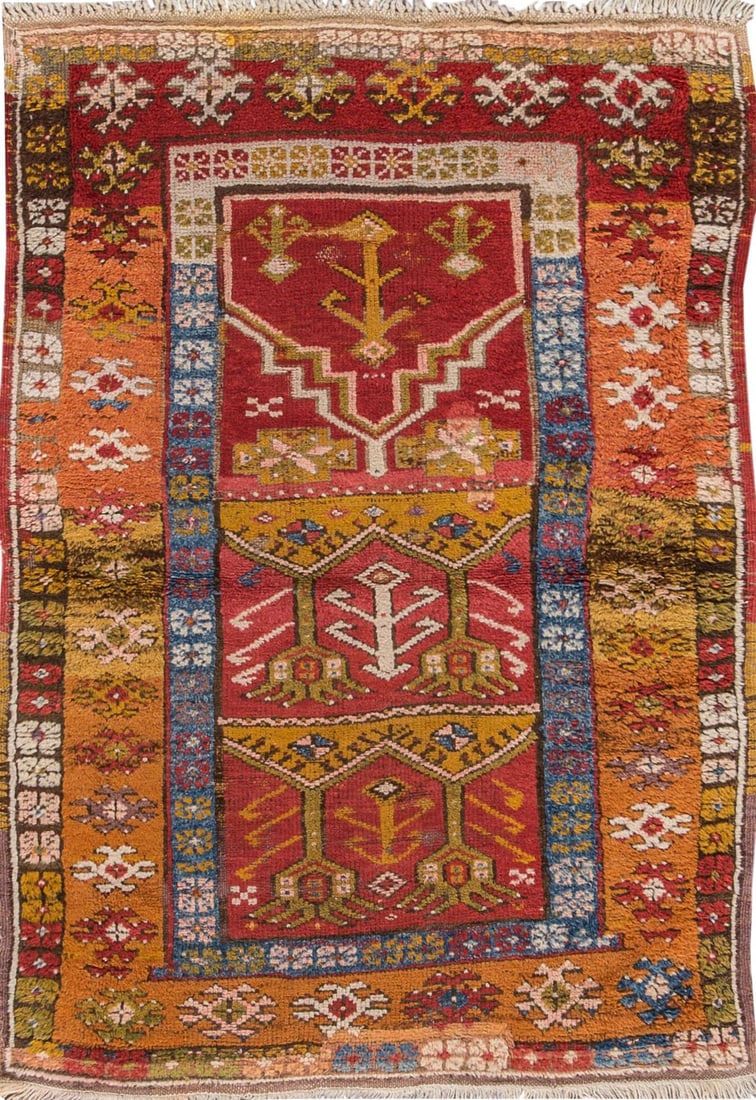 Mid-20th Century Turkish Wool Rug 3'9" x 5'5" Orange: Mid-20th Century Turkish Wool Rug 3'9" x 5'5" Orange This exquisite mid-20th century Turkish rug, measuring 3'9" x 5'5", showcases the rich heritage of Anatolian carpets. Originating from a tradition 