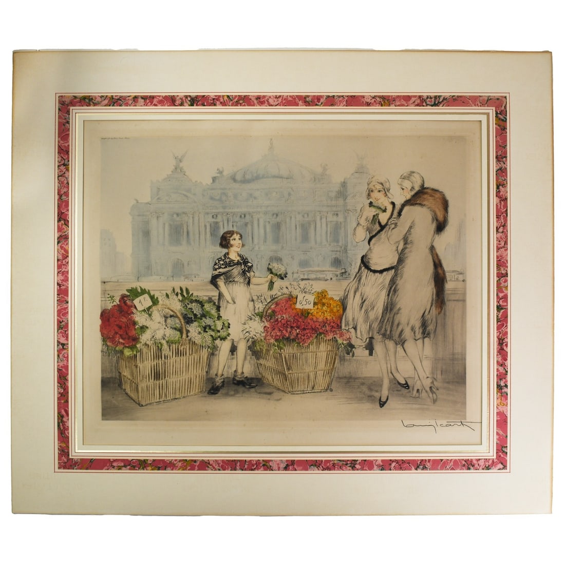 Signed Louis Icart Art Deco Floral Print Fleurs de Paris 1930: Signed Louis Icart Art Deco Floral Print Fleurs de Paris 1930 This is a pre-owned Art Deco print titled "Fleurs de Paris" by Louis Icart. The artwork features a floral and garden theme and is signed b