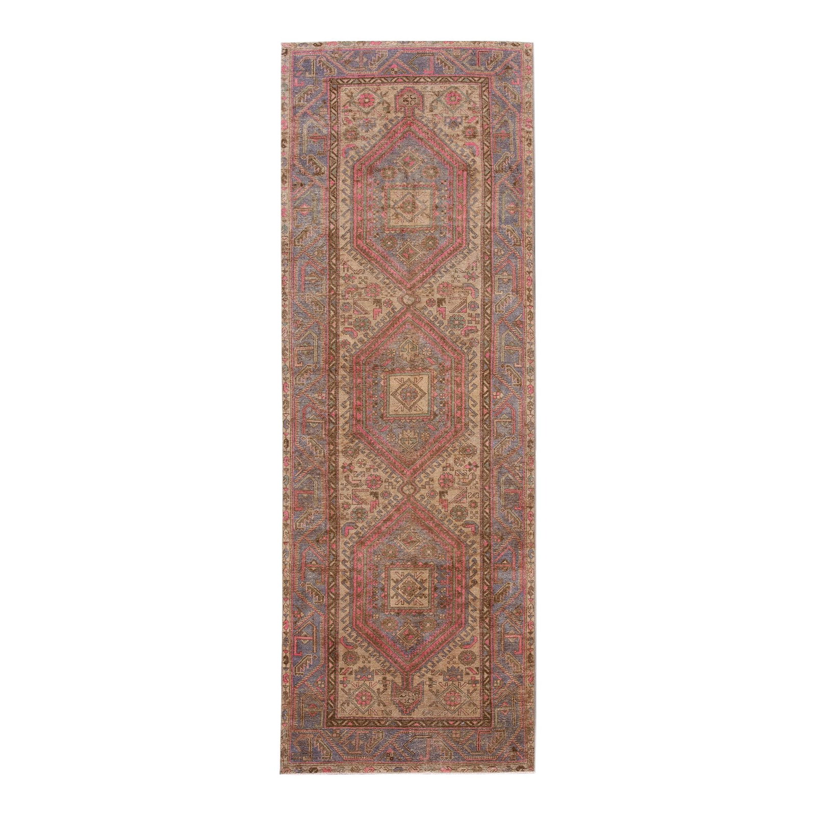 Vintage Malayer Persian Handmade Wool Runner Tan Medallion 3'8 x 10'7: Vintage Malayer Persian Handmade Wool Runner Tan Medallion 3'8 x 10'7 Enhance your space with this exquisite vintage Malayer Persian hand-knotted wool runner, featuring a warm tan field adorned with i