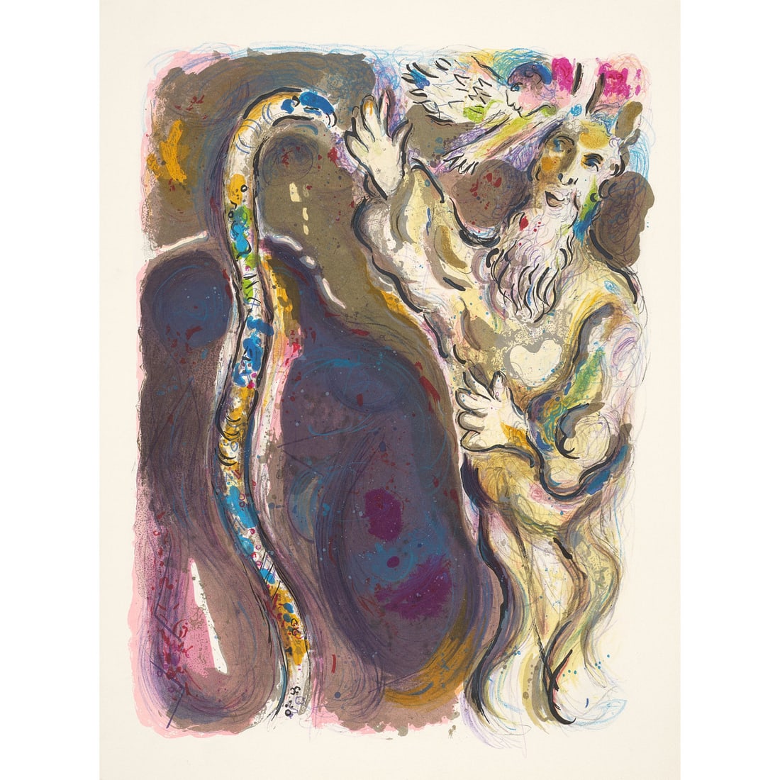 Framed Marc Chagall Exodus Snake Lithograph 20 x 15 in: Framed Marc Chagall Exodus Snake Lithograph 20 x 15 in This is a limited edition color lithograph by Marc Chagall titled "God Turns Moses' Staff into a Serpent," from The Story of Exodus. The artwork 