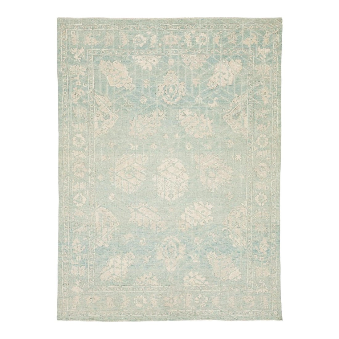 8'11 x 12' Wool Oushak Style Area Rug Seafoam Ivory: 8'11 x 12' Wool Oushak Style Area Rug Seafoam Ivory This Modern Oushak Style area rug features a hand-knotted construction from high-quality wool, offering a blend of traditional Turkish design and co
