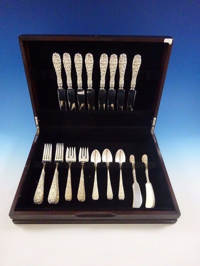 Stieff Rose Sterling Silver Flatware Set for 8 40 Pieces with Storage Chest: Stieff Rose Sterling Silver Flatware Set for 8 40 Pieces with Storage Chest Introducing a stunning 40-piece sterling silver flatware set from Stieff, featuring the iconic "Rose" pattern, known for its