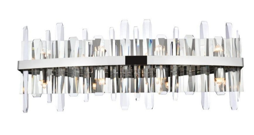 Serena 8 Light Chrome Crystal Wall Sconce 30 Inch: Serena 8 Light Chrome Crystal Wall Sconce 30 Inch This modern wall sconce features eight lights and a high-quality chrome-plated finish, complemented by clear crystal accents for a sophisticated look.