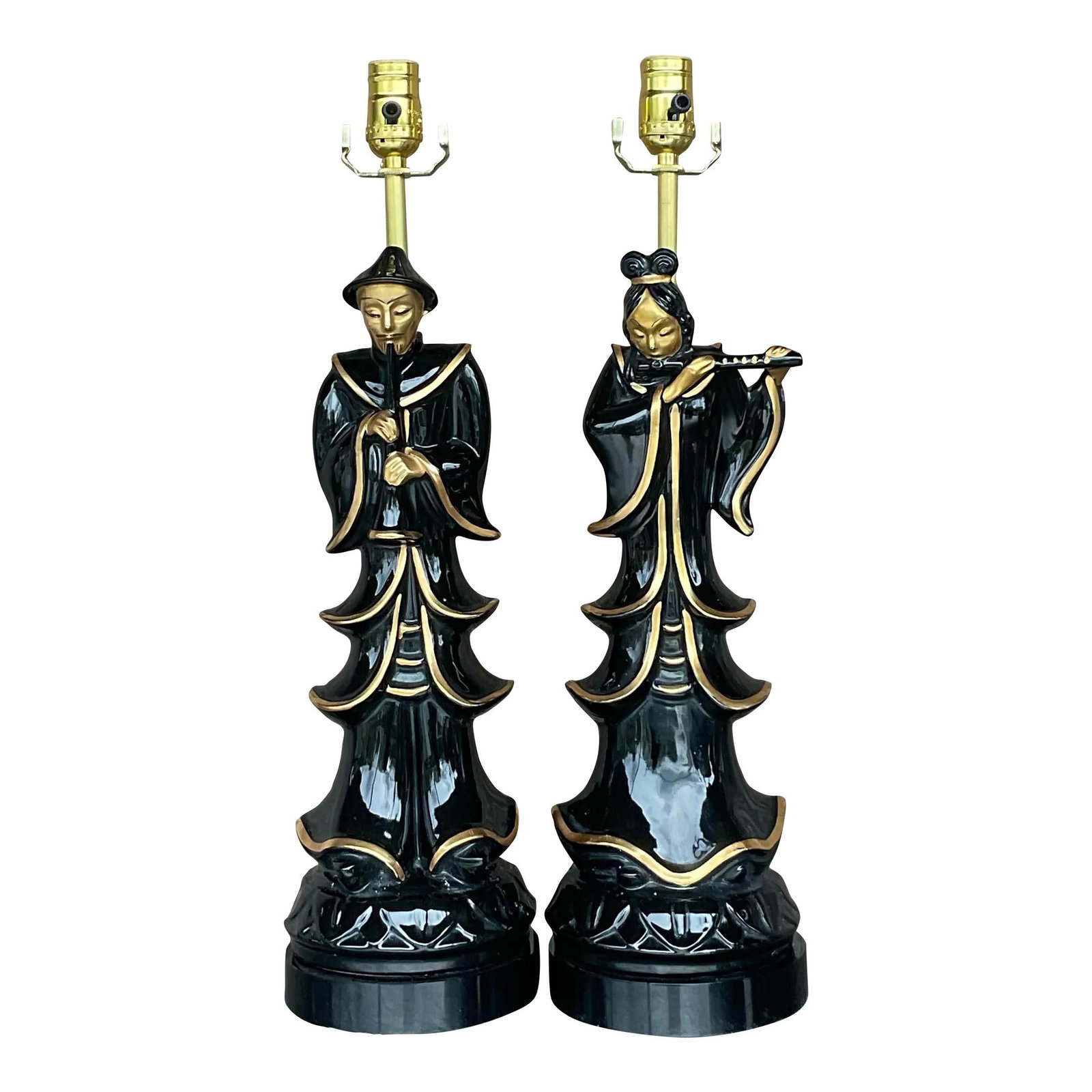 Vintage Asian Emperor Lamps Pair Black Glazed Ceramic Gilt Accents (1 of 5)