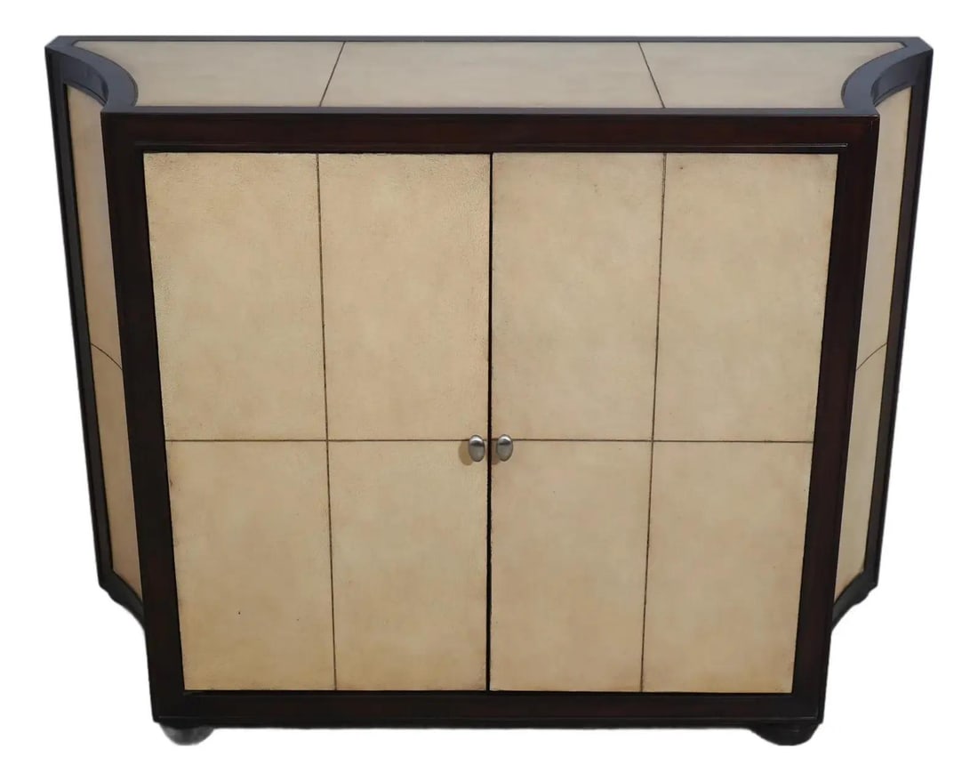 Kreiss Mahogany Modern Console Cabinet with Leather Finish: Kreiss Mahogany Modern Console Cabinet with Leather Finish This modern console cabinet features a sleek and stylish design, crafted from high-quality mahogany with a textured leather surface. With dim