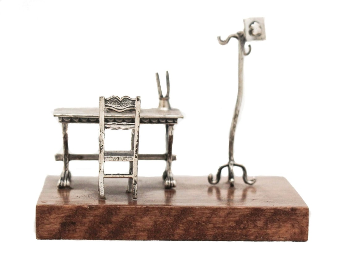 Intricate 925 Sterling Silver Miniature Office Desk 2.5 x 3 Inches (1 of 5)
