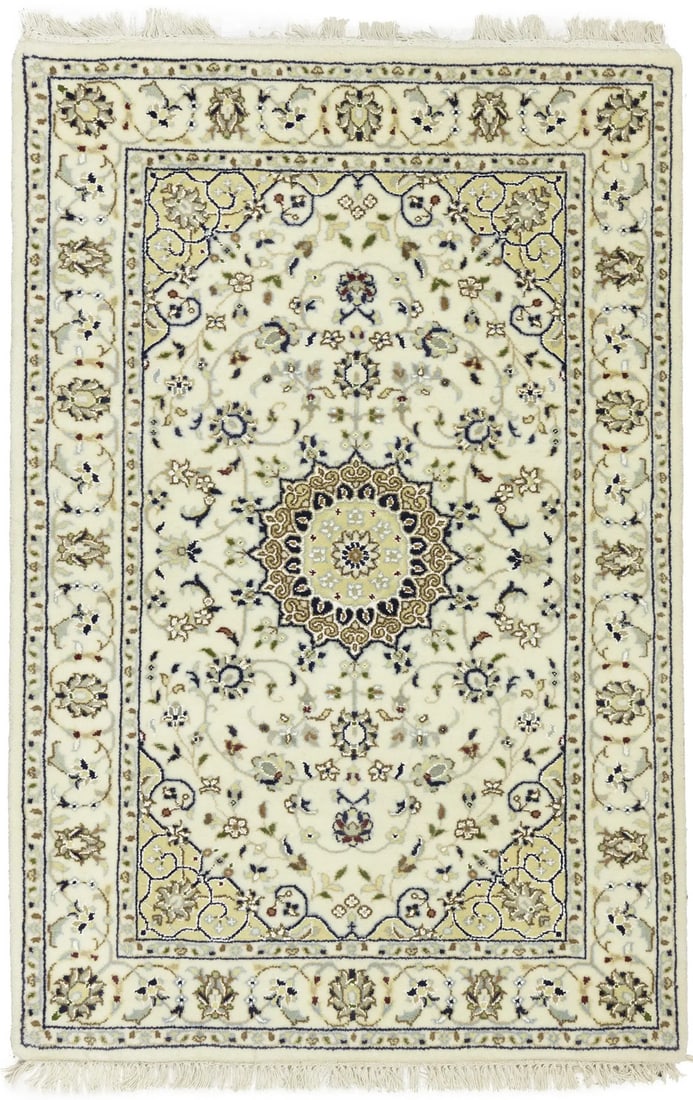 Handmade Indo-Nain Wool and Silk Area Rug with Floral Medallion 2'9 x 4'1: Handmade Indo-Nain Wool and Silk Area Rug with Floral Medallion 2'9 x 4'1 This Indo-Nain hand-knotted wool area rug features a classic floral medallion pattern in a variety of colors including cream, 