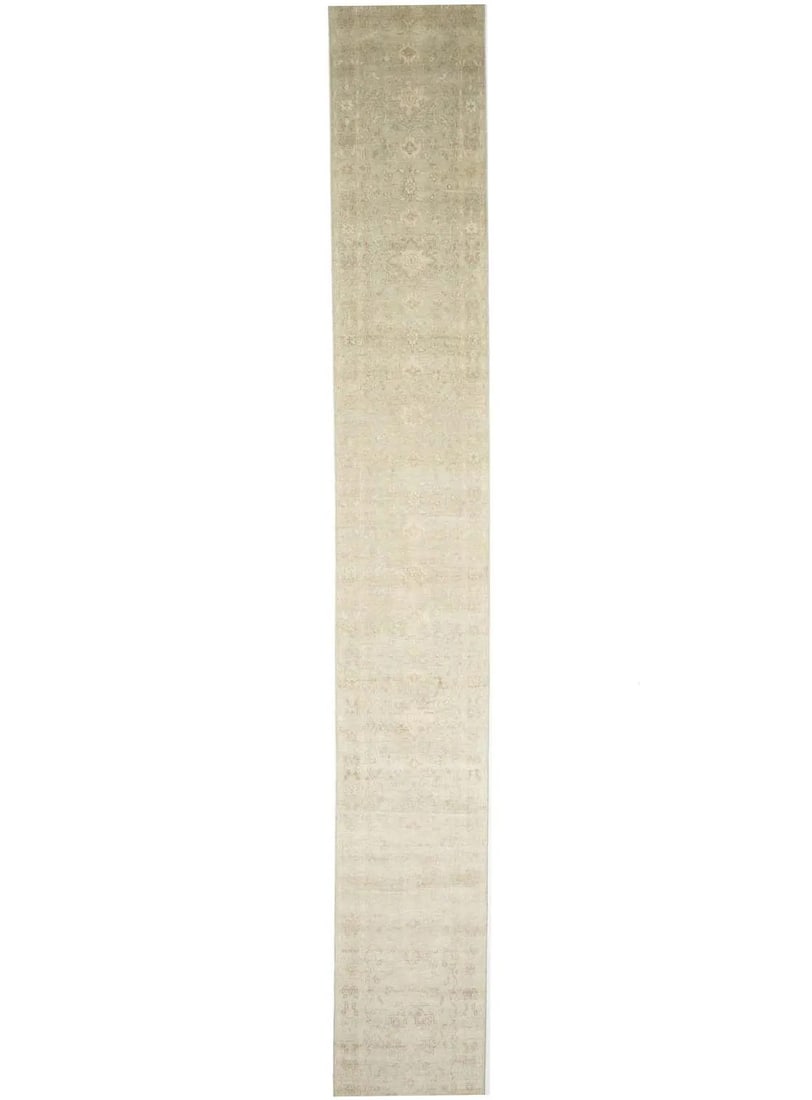 Hand-Knotted Wool Floral Runner Rug in Muted Aqua Green 2'7 x 19'10: Hand-Knotted Wool Floral Runner Rug in Muted Aqua Green 2'7 x 19'10 This handmade Oriental runner rug features a muted aqua green floral pattern with cream and beige accents. Crafted in India using a 