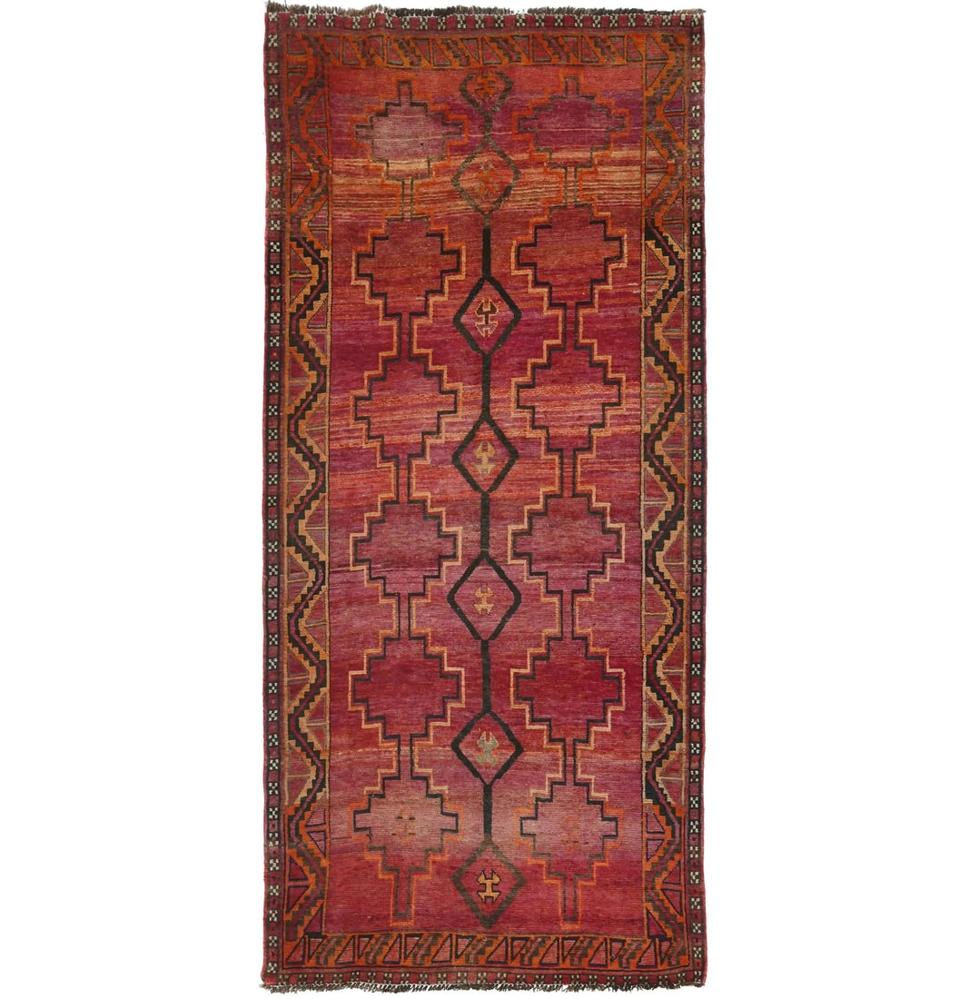 Hand Knotted Wool Tribal Vintage Runner 4'4 x 9'6: Hand Knotted Wool Tribal Vintage Runner 4'4 x 9'6 Enhance your space with this beautiful Tribal Style Vintage Oriental Wide Runner Rug, perfect for hallways or other living areas. Measuring 4'4" x 9'6