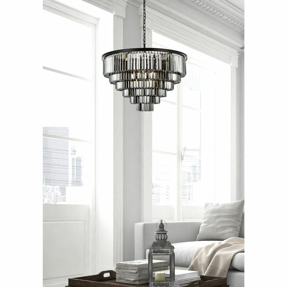Sydney 33 Light Crystal Chandelier Matte Black 44 in: Sydney 33 Light Crystal Chandelier Matte Black 44 in Modern crystal chandelier light fixture with a matte black finish, designed for indoor use. It features 33 lights, crystal and iron/steel construct