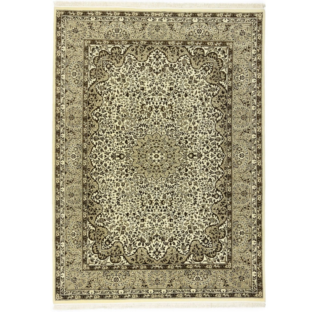 Hand-Knotted Wool Kirman Area Rug Floral Pattern 5'9 x 7'10 Beige Brown: Hand-Knotted Wool Kirman Area Rug Floral Pattern 5'9 x 7'10 Beige Brown This classic Kirman-style Oriental rug features a beige, brown, cream, and black floral pattern, hand-knotted from wool for dura