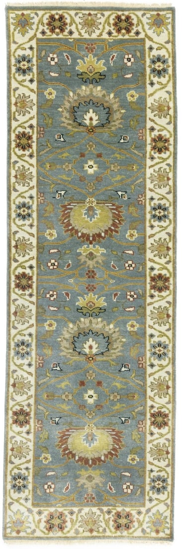 Hand Knotted Wool Peshawar Osh Chobi Floral Runner 2'6 x 7'8: Hand Knotted Wool Peshawar Osh Chobi Floral Runner 2'6 x 7'8 This Peshawar Osh Chobi Oriental runner rug features a hand-knotted wool construction and a floral pattern in blue-gray, cream, rusty red, 