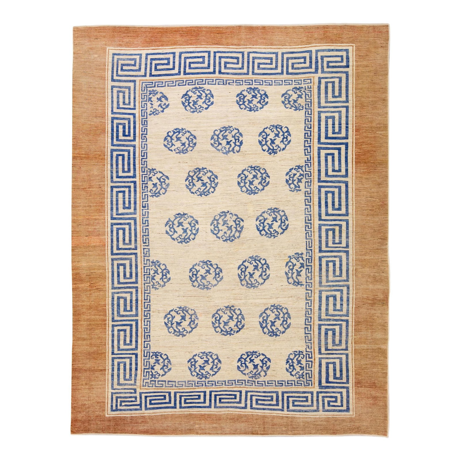 Oversized Handmade Wool Rug with Blue Greek Key Design 11'11 x 15'4: Oversized Handmade Wool Rug with Blue Greek Key Design 11'11 x 15'4 Elevate your living space with this stunning Modern Handmade Blue Greek Key Pattern Beige Oversize Wool Rug. Crafted from high-quali