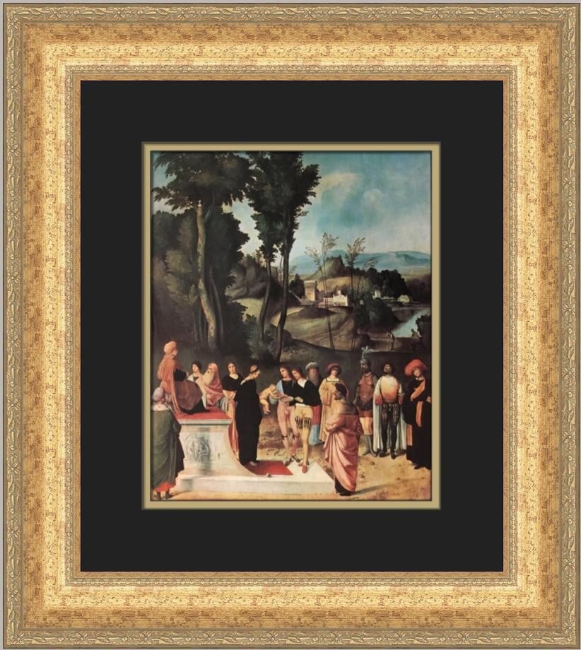 Giorgione The Trial of Moses by Fire Custom Framed Art Print: Giorgione The Trial of Moses by Fire Custom Framed Art Print This custom framed print features Giorgione's captivating artwork titled "The Trial of Moses by Fire." The piece is created using offset li