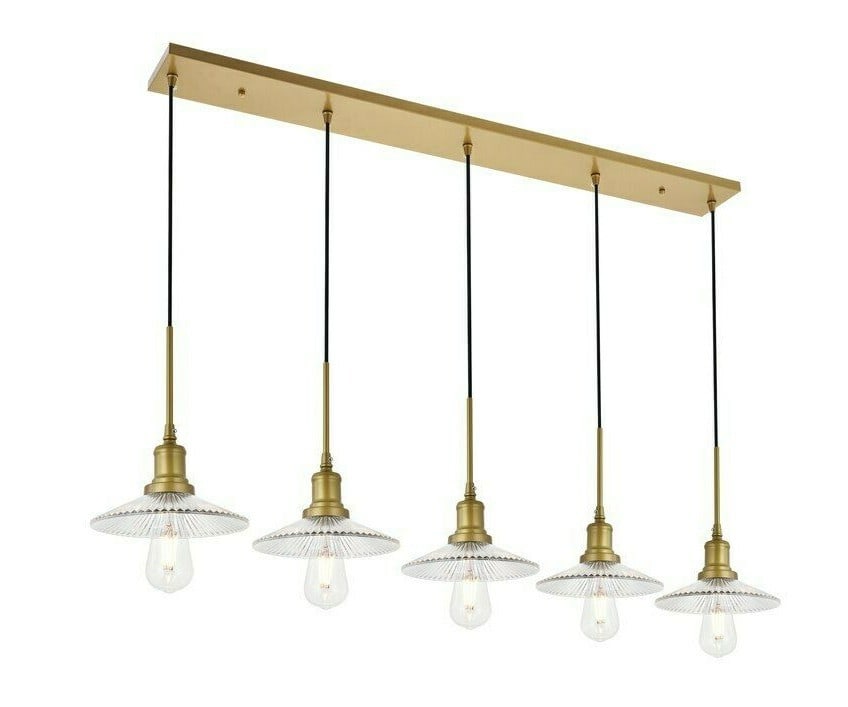 Waltz Brass Glass 5-Light Pendant Chandelier: Waltz Brass Glass 5-Light Pendant Chandelier This modern pendant chandelier features five lights with a brass finish and clear cone-shaped glass shades. Designed for versatility, it is suitable for di