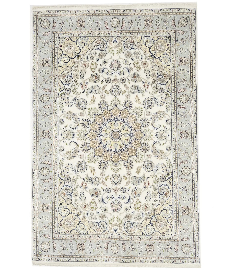 Handmade Cream Indo-Nain Floral Medallion Rug 6'6 x 10'1 Wool Silk: Handmade Cream Indo-Nain Floral Medallion Rug 6'6 x 10'1 Wool Silk Enhance your space with this exquisite Handmade Cream Indo-Nain Oriental Rug featuring a stunning floral medallion design. This beaut