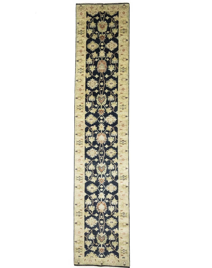 Handmade Wool Peshawar Floral Runner Rug 2'6 x 12'0: Handmade Wool Peshawar Floral Runner Rug 2'6 x 12'0 This handmade Peshawar Oriental runner rug features a floral pattern in shades of black, cream, golden beige, brown, green, and rusty red. Crafted i