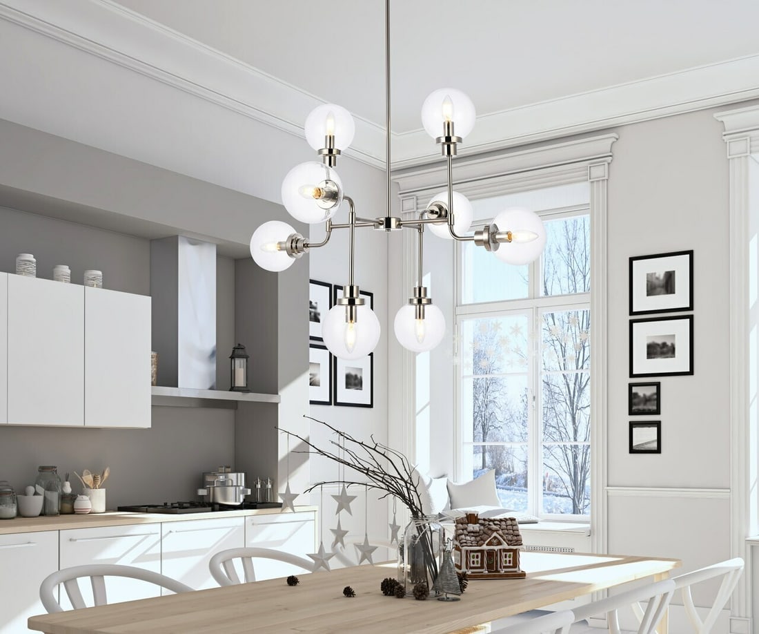 8-Light Polished Nickel Glass Chandelier Hanson: 8-Light Polished Nickel Glass Chandelier Hanson This modern chandelier features a polished nickel finish with eight clear glass shades, creating a sleek and contemporary look suitable for dining rooms