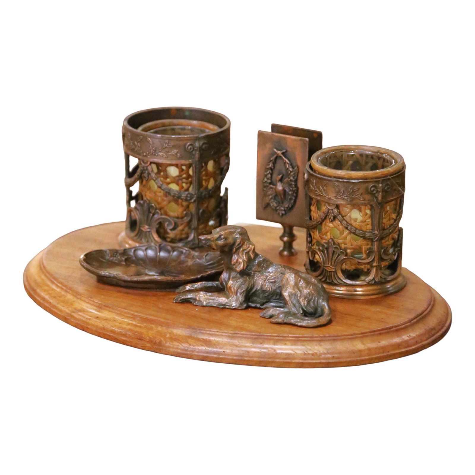 French Spelter and Walnut Desk Accessory Ensemble Circa 1920 (1 of 7)
