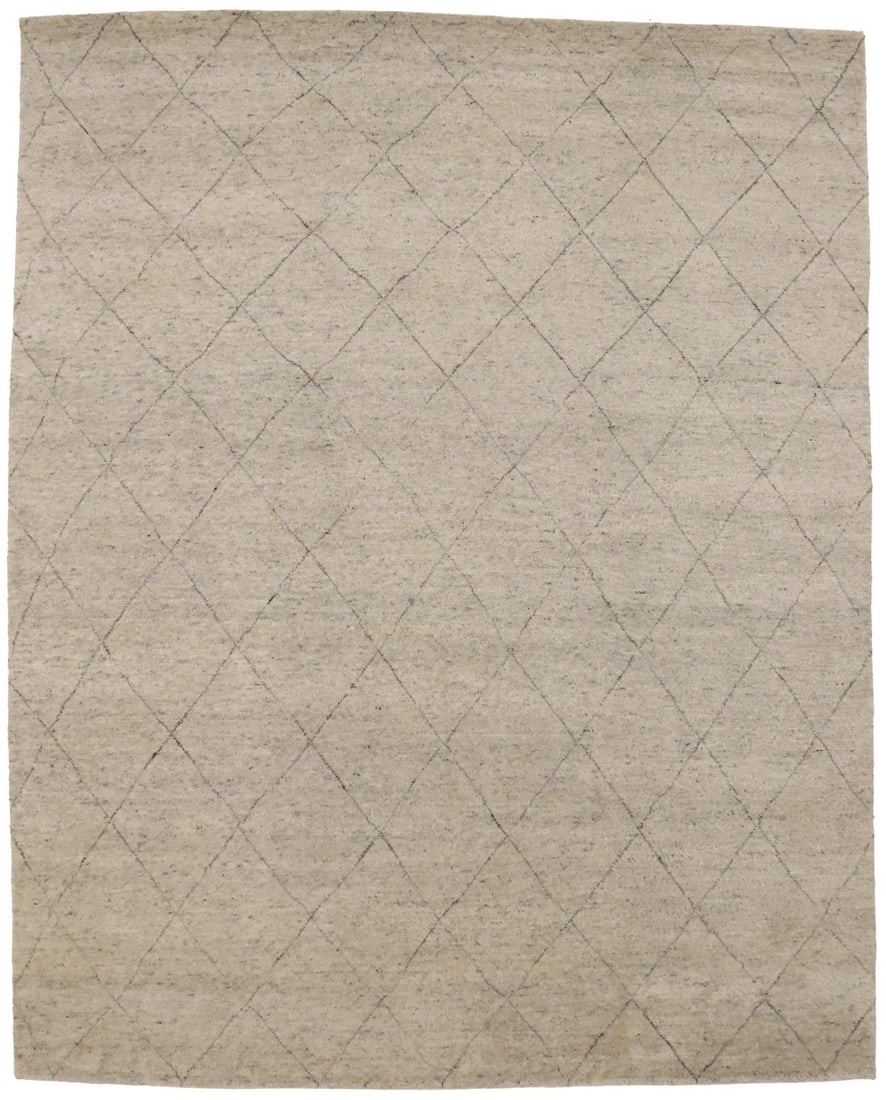 8' x 9'10" Hand-Knotted Wool Geometric Modern Moroccan Style Area Rug: 8' x 9'10" Hand-Knotted Wool Geometric Modern Moroccan Style Area Rug This 8'0" x 9'10" hand-knotted Moroccan-style area rug features a contemporary geometric pattern in beige and other complementary 