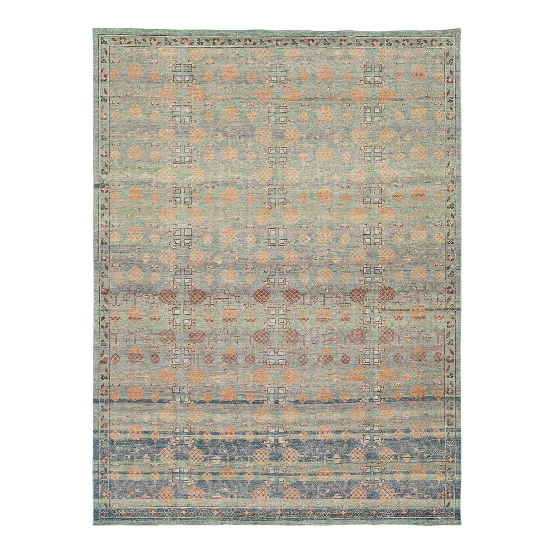 Hand Knotted Wool Khotan Style Rug 9' x 12'2": Hand Knotted Wool Khotan Style Rug 9' x 12'2" This hand-knotted wool area rug is designed in the modern Khotan style, drawing inspiration from East Turkestan textiles. It features a sage green and sof