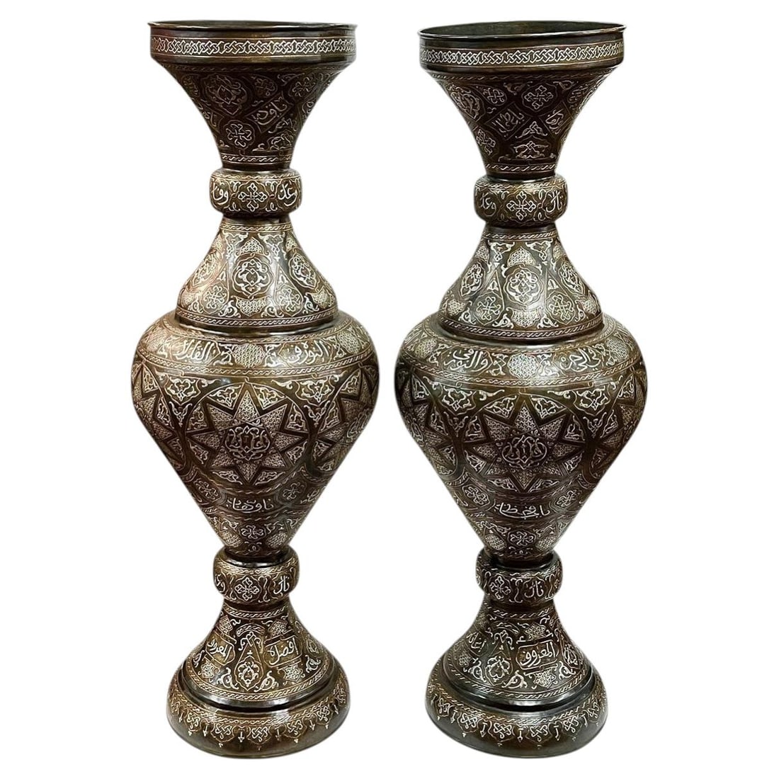 Set of 2 Islamic floor vases bronze with silver copper inlay 52 in (1 of 9)