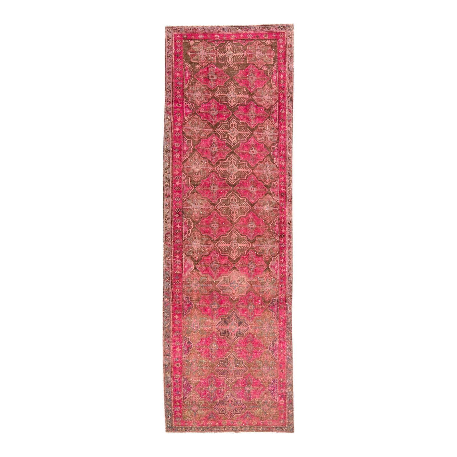 Handmade Vintage Persian Wool Runner Pink Geometric 4'4 x 13'6: Handmade Vintage Persian Wool Runner Pink Geometric 4'4 x 13'6 This exquisite Vintage Persian hand-knotted wool runner features a charming pink color field and is adorned with brown accents in a capti