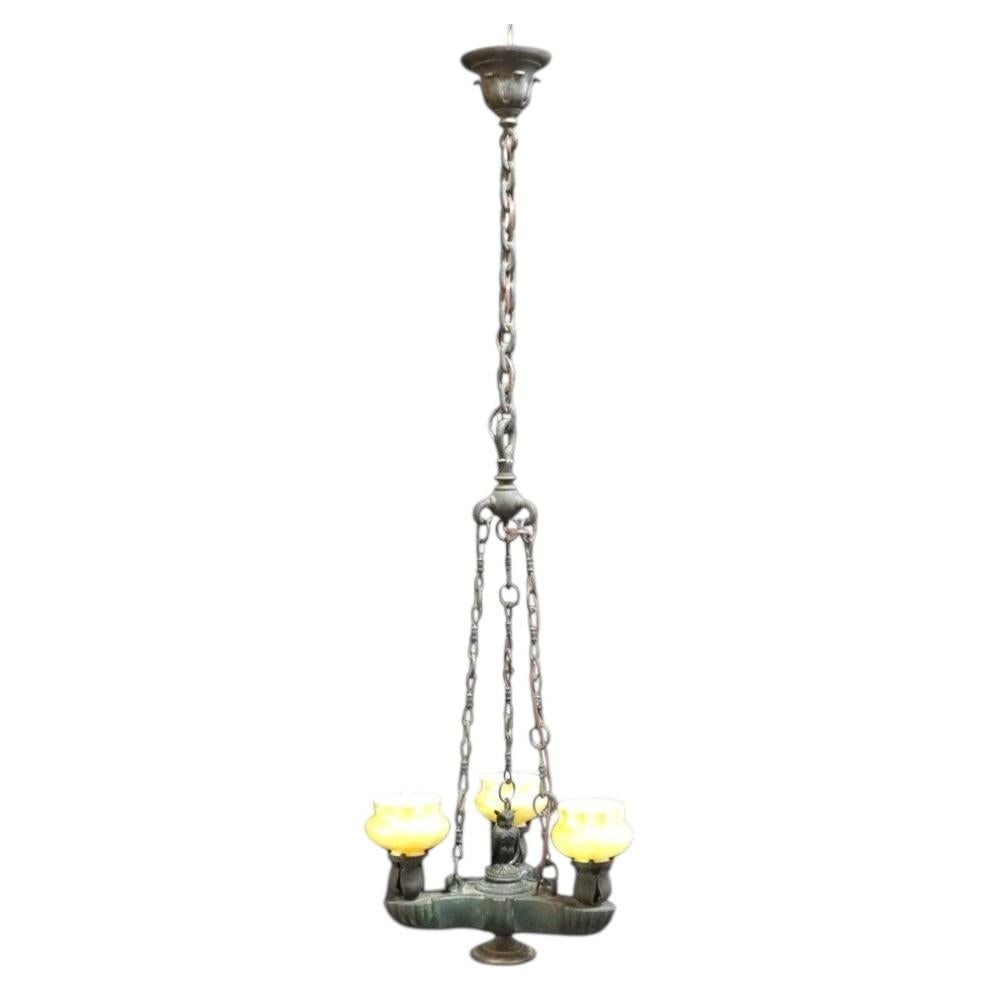 c1900 Figural Bronze Owl Chandelier with 3 Quezal Art Glass Shades (1 of 13)
