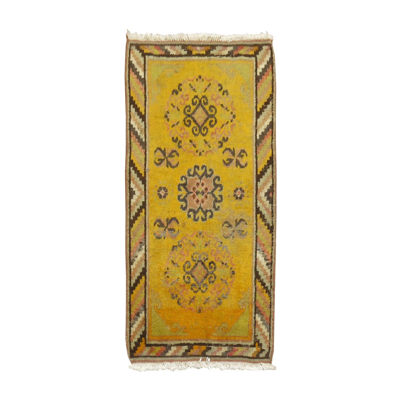 Yellow Antique Khotan Hand-Knotted Wool Scatter Rug 25 x 48 in: Yellow Antique Khotan Hand-Knotted Wool Scatter Rug 25 x 48 in This charming yellow antique Khotan scatter rug showcases a unique futurist style, perfect for adding character to any space. Hand-knotte