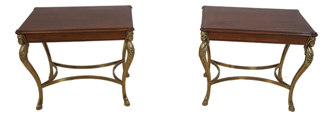 Karges Regency Brass Walnut Accent Tables Pair with Figural Motif: Karges Regency Brass Walnut Accent Tables Pair with Figural Motif Enhance your living space with this exquisite pair of Karges Regency accent tables, crafted from high-quality walnut and featuring stu
