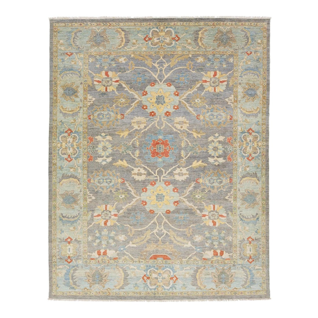 10'9 x 13'8 Hand-Knotted Wool Rug With Sultanabad Floral Pattern in Gray: 10'9 x 13'8 Hand-Knotted Wool Rug With Sultanabad Floral Pattern in Gray This Modern Sultanabad wool area rug features a floral medallion design with over-scaled palmettes and sweeping vine motifs, in