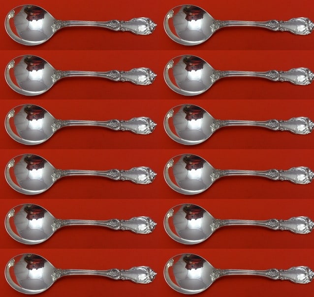 Reed & Barton Burgundy Sterling Silver Cream Soup Spoon Set 12 pcs: Reed & Barton Burgundy Sterling Silver Cream Soup Spoon Set 12 pcs This exquisite 12-piece set of cream soup spoons, crafted from sterling silver, features the elegant Burgundy pattern by Reed & Barto