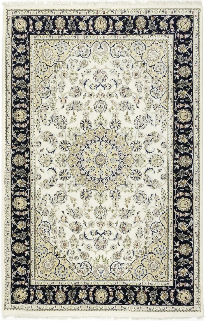 Hand-Knotted Indo-Nain Wool and Silk Area Rug 5'11 x 9'1 Floral Medallion: Hand-Knotted Indo-Nain Wool and Silk Area Rug 5'11 x 9'1 Floral Medallion This handmade Indo-Nain Oriental rug features a striking cream and dark navy floral medallion design with accents of buff, red