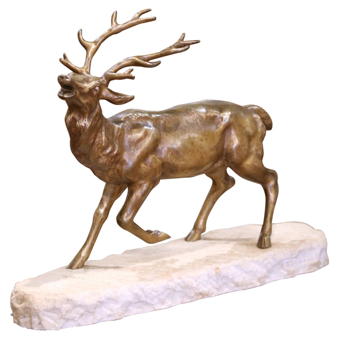 Early 20th Century French Bronze Elk Sculpture by De. Fiesole on Marble Base: Early 20th Century French Bronze Elk Sculpture by De. Fiesole on Marble Base This exquisite early 20th-century French bronze sculpture captures the majesty of an elk mid-stride, its head lifted in a p