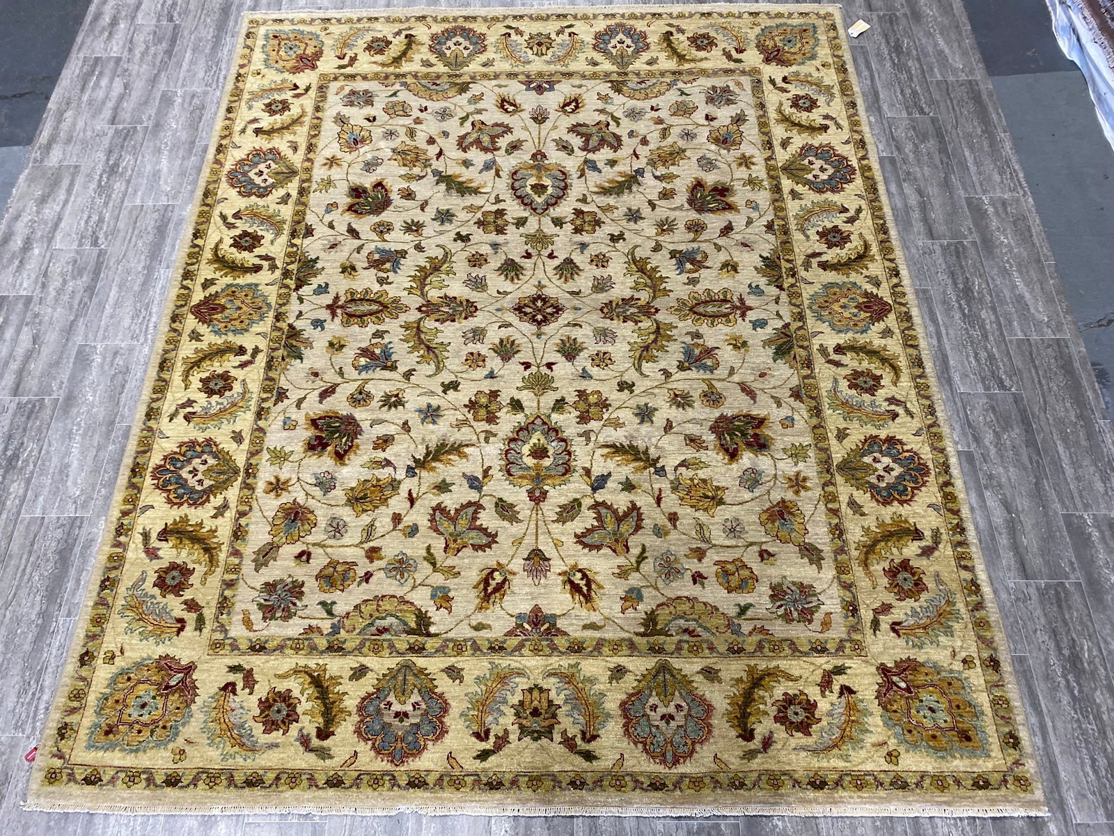 8.3 x 10 Handcrafted Agra Area Rug in Soft Pastels: 8.3 x 10 Handcrafted Agra Area Rug in Soft Pastels Free continental US Shipping Enhance your home with this exquisite 8' x 10' New Handmade Agra Rug, featuring a delightful light color palette. Crafte