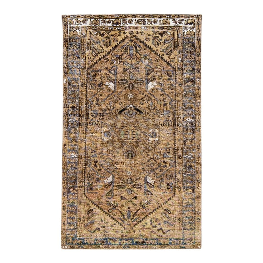 1960s Vintage Persian Hand-Knotted Wool Rug Geometric Design: 1960s Vintage Persian Hand-Knotted Wool Rug Geometric Design This stunning vintage Persian rug showcases a distressed hand-knotted design in rich brown wool. The rug features a striking navy blue fram