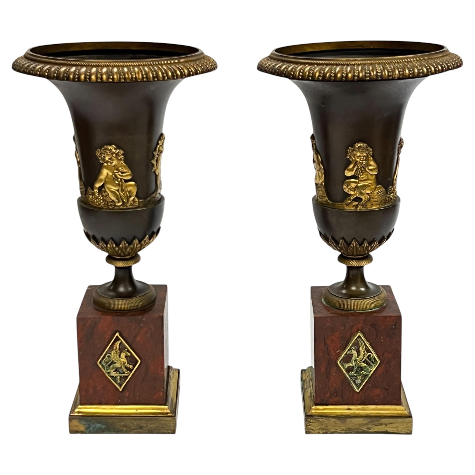 Set of 2 French Empire campana vases gilt bronze and marble c1820 (1 of 12)
