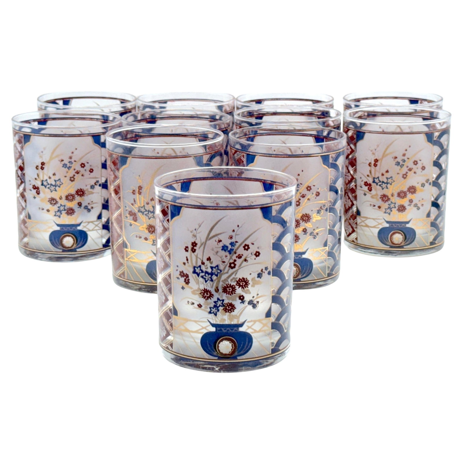 Set of 11 Culver Chinoiserie Rocks Glasses Mid-Century Modern: Set of 11 Culver Chinoiserie Rocks Glasses Mid-Century Modern Introducing a stunning set of eleven 'Chinoiserie' pattern rocks glasses/tumblers by Culver, manufactured in the 1960s. Each glass stands 