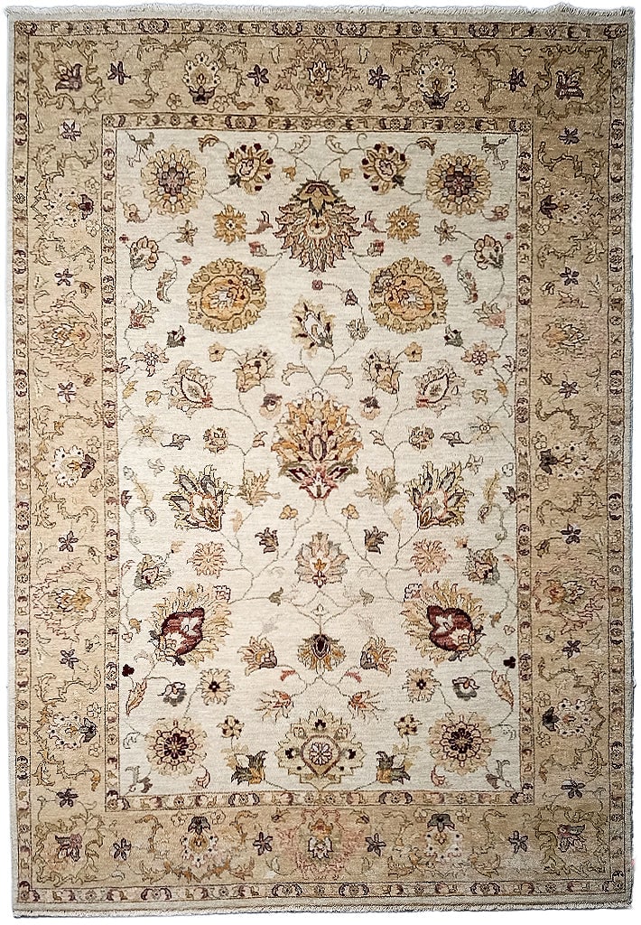 5.7 x 8 Hand-Knotted Beige Chobi Rug from India: 5.7 x 8 Hand-Knotted Beige Chobi Rug from India Free continental US Shipping Introducing a stunning 5.7 x 8 Beige Vegetable Dyed Chobi Rug, a perfect blend of traditional craftsmanship and modern eleg