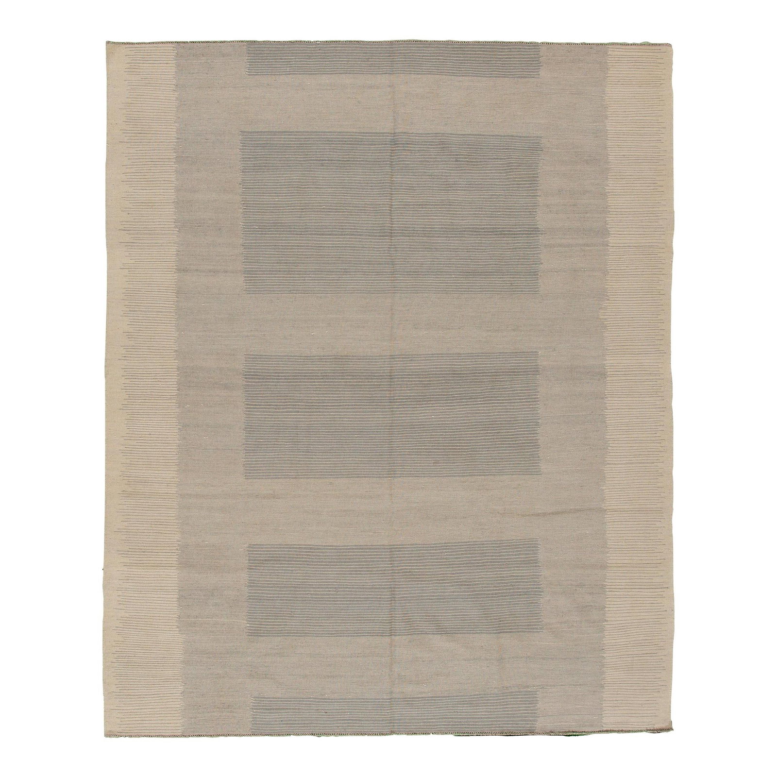 Modern Kilim Wool Rug 8'2 x 10' Beige Gray Geometric Design: Modern Kilim Wool Rug 8'2 x 10' Beige Gray Geometric Design Enhance your living space with this contemporary Flatweave-Kilim rug, featuring a stylish beige field adorned with a striking geometric desi