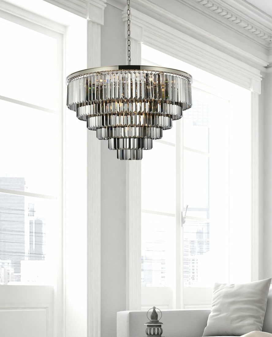 Sydney 33 Light Crystal Chandelier Polished Nickel 44 in: Sydney 33 Light Crystal Chandelier Polished Nickel 44 in Modern 33-light chandelier with a polished nickel finish and crystal construction. It features royal cut silver shade crystals, a hardwired pow