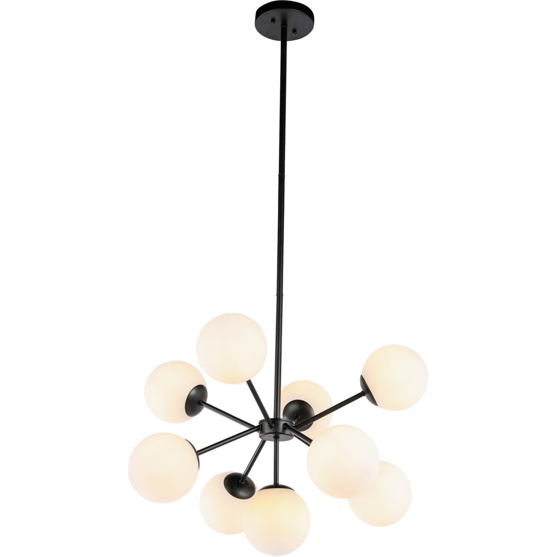 Jupiter 9-Light Black Glass Globe Chandelier 26.4 Inch: Jupiter 9-Light Black Glass Globe Chandelier 26.4 Inch This modern Sputnik-style chandelier features a black metal frame with nine round white frosted glass globes. The fixture is height-adjustable an