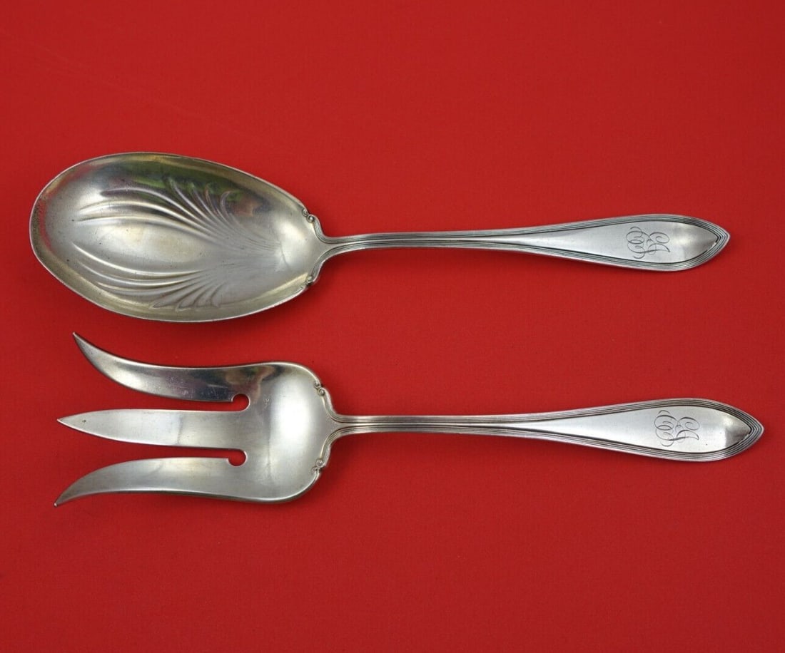 Frank Smith Pilgrim Sterling Silver Salad Serving Set 2pc 8.5in Monogrammed (1 of 3)