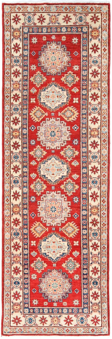 Hand Knotted Wool Kazak Geometric Tribal Runner Rug 2'7 x 8'0: Hand Knotted Wool Kazak Geometric Tribal Runner Rug 2'7 x 8'0 Enhance your space with this stunning 3X8 geometric tribal Kazak oriental runner rug, perfect for hallways and kitchens. Measuring 2'7" x 