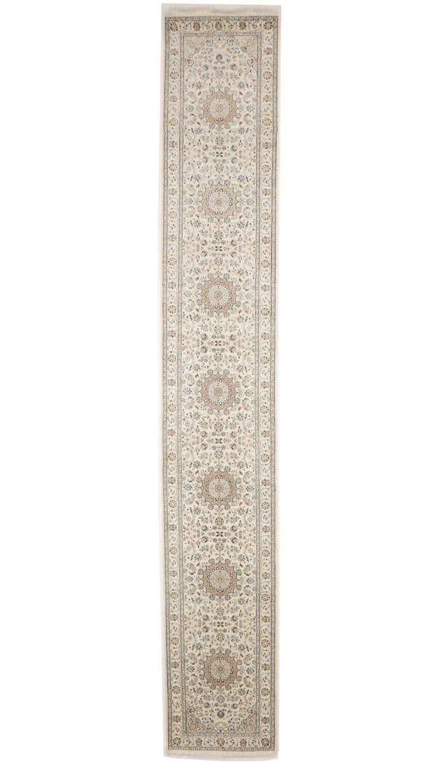 Hand Knotted Wool Silk Floral Medallion Hallway Runner 2'9 x 18'1: Hand Knotted Wool Silk Floral Medallion Hallway Runner 2'9 x 18'1 This oversized runner rug features a detailed floral medallion pattern with intricate borders, blending traditional style with modern 