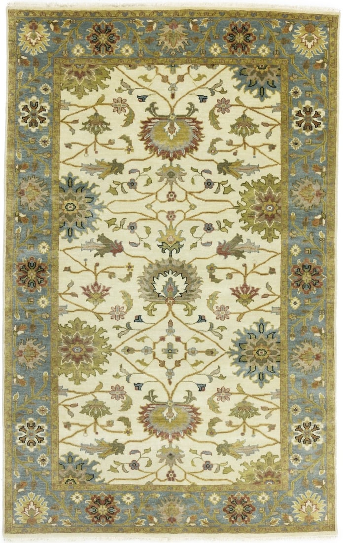 5'1 x 8'0 Hand-Knotted Wool Floral Area Rug Modern Peshawar Chobi Design: 5'1 x 8'0 Hand-Knotted Wool Floral Area Rug Modern Peshawar Chobi Design This handmade Osh Chobi Peshawar area rug features a floral pattern in cream, blue-gray, tan, gold, olive, brown, and rusty red