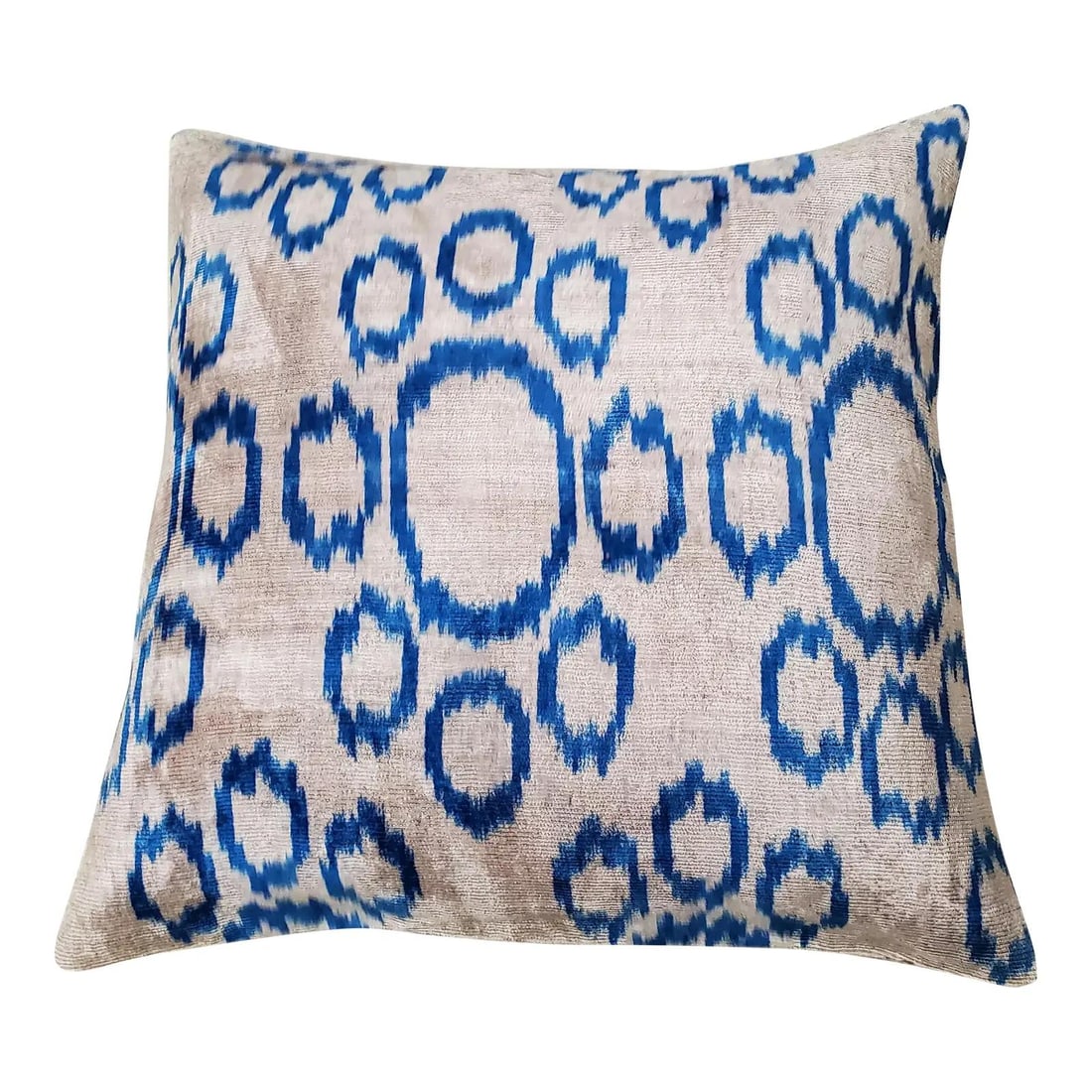 Blue Silk Ikat Velvet Square Pillow with Feather Insert 22x22: Blue Silk Ikat Velvet Square Pillow with Feather Insert 22x22 This hand-made square pillow cushion features a Silk Uzbek Ikat velvet front with a natural linen backing and a hidden zipper for a refine